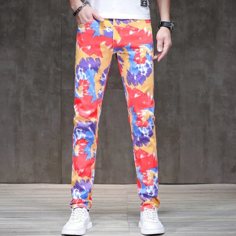 Jeans motif warna-warni pria, party pesta trendi unik ramping meregang kasual tampan