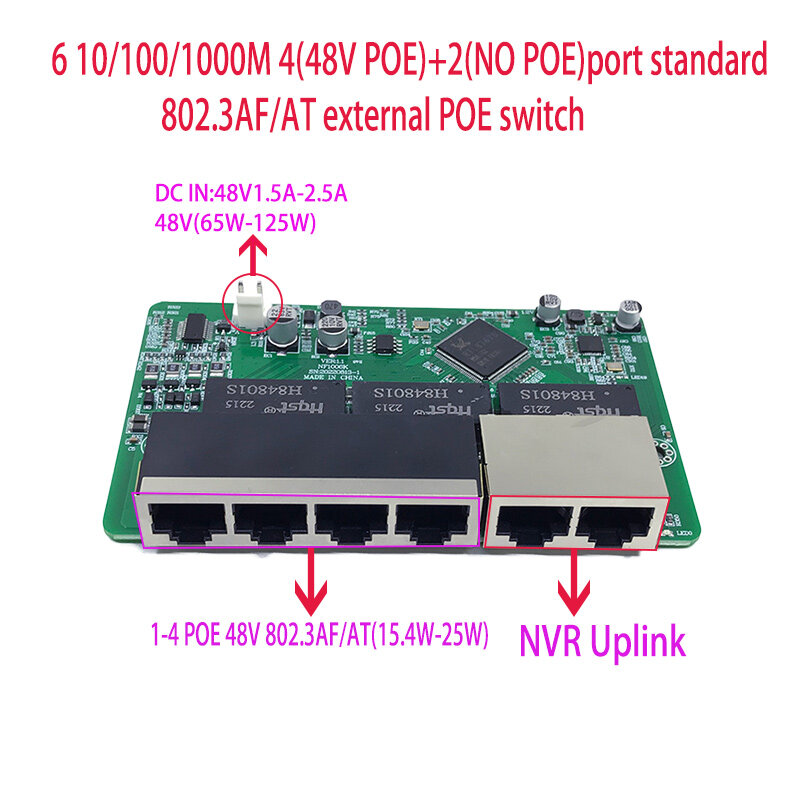 Стандартный протокол 802.3AF/AT 48 в POE OUT/48 В poe коммутатор 1000 Мбит/с POE poort;1000 Мбит/с UP Link poort; poe включен коммутатор NVR