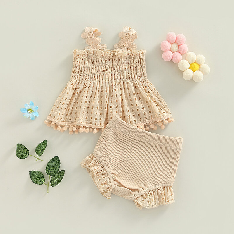 Newborn Baby Girl Summer Clothes Outfits 2Pcs Hollow Pleated Sleeveless Tank Top and Ruffle Shorts Toddler Infant Set