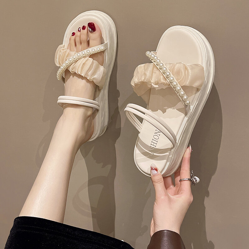 String Bead Summer Slippers Chunky Slippers Women Slides Daily Flat Mid Heels Thick Sole Pleated Plus Size Platform Shoes Woman