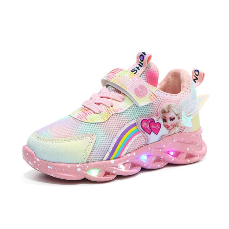 Disney LED รองเท้าผ้าใบลำลองสีชมพูสีม่วงสำหรับฤดูใบไม้ผลิแช่แข็งเจ้าหญิงเอลซ่าพิมพ์กลางแจ้งรองเท้าเด็ก Lighted รองเท้าลื่น