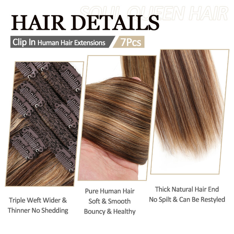 Ekstensi rambut klip dalam ekstensi rambut manusia Balayage Double Weft renda klip dalam ekstensi rambut manusia Medium coklat karamel pirang 7 buah/70G