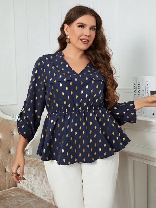 Plus Size Spring Polka Dot Print Tops Women Long Sleeve Fashion Ruffle Pleated Ladies Blouses V-Neck Loose Casual Woman Tops