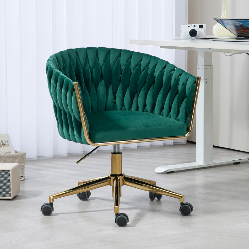 Zielone, nowoczesne krzesło biurowe z ręcznie tkanym oparciem, kółkami, regulowaną wysokością i 360°° Obrotowy - idealny do sypialni lub Livi