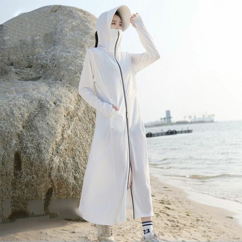 Hooded Sun Protection Long Coat Breathable Hat Sunscreen Long Jacket Long Sleeve Ice Silk Beach Long Sweatshirt Summer