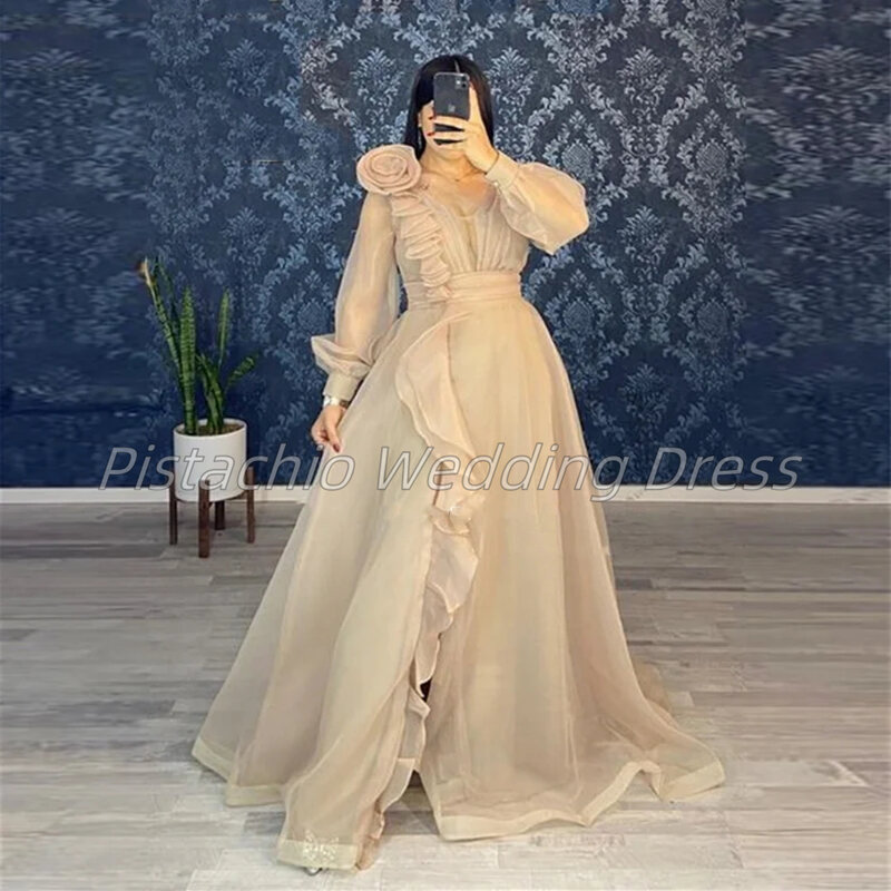 Modern A Line Evening Dresses Organza Pretty Illusion V Neck With Long Sleeves Flower Side Slit For Women Formal Evening Gowns