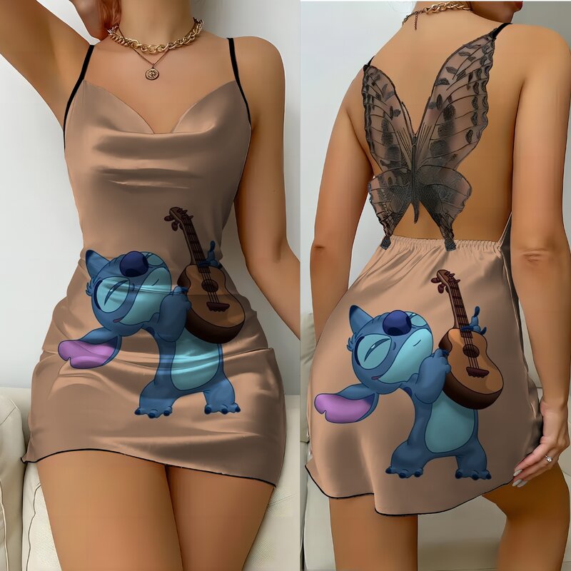 Disney-Feminino Stitch Bow Nó Superfície Cetim Vestido de Renda, Vestidos Sexy, Saia Pijama, Mini Sem Costas, Moda, Summer Party, 2024