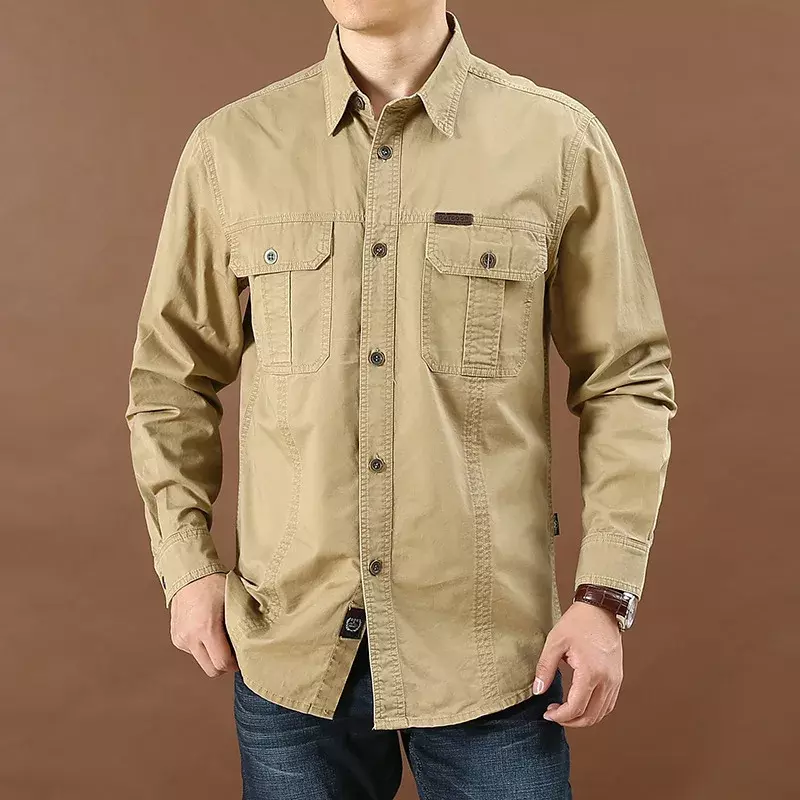 Camisa de bolso múltiplo de manga longa masculina, lapela vintage, casaco justo, casual versátil, blusa de carga ao ar livre, moda primavera, tamanho grande
