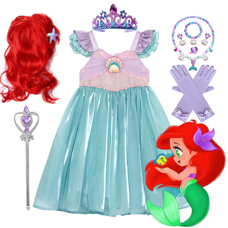 Disney-Meninas Princesa Ariel Traje, Luva Voadora, Lantejoulas, Vestido de Malha, Cosplay, Pequena Sereia, Carnaval, Birthday Party Clothes