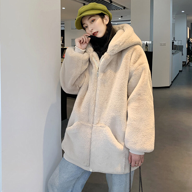 Abrigo elegante de piel de visón para mujer, chaqueta con capucha y cremallera, abrigo de piel sintética, chaquetas sueltas de gran tamaño Harajuku, abrigos Coreanos