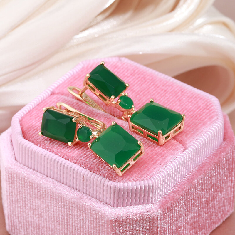 Scoujyo Anting-Anting Drop Zirkon Alami Hijau Tua Besar Persegi untuk Wanita 585 Warna Mawar Emas Antik Opal Perhiasan Bagus Trendi Etnis