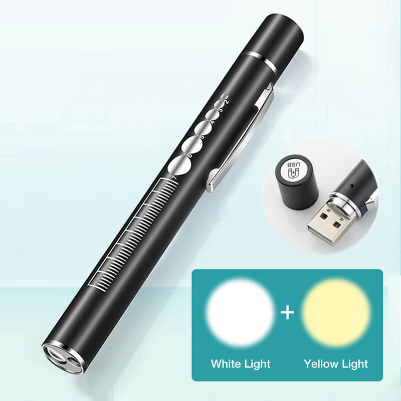 Medyczna latarka Led Pen Light ładowalna latarka USB latarki z podwójnym klips lampy kieszeń ze stali nierdzewnej dla pielęgniarki lekarz