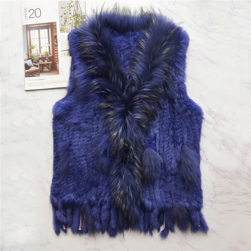 Chaleco de piel de conejo auténtica para mujer, chaqueta con cuello de piel de mapache con borlas, venta al por mayor, envío directo