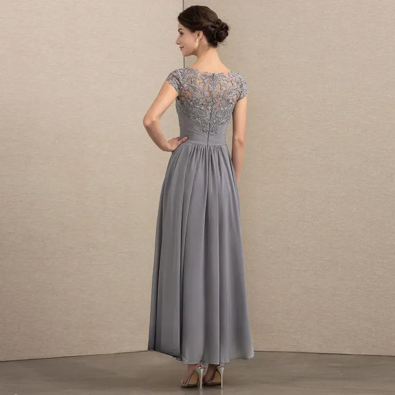 AIOVO Mother of the Bride Dress Lace Appliques O Neck Elegant Wedding Guest Dresses for Women Pleat Bridesmaid Ankle Length Gown