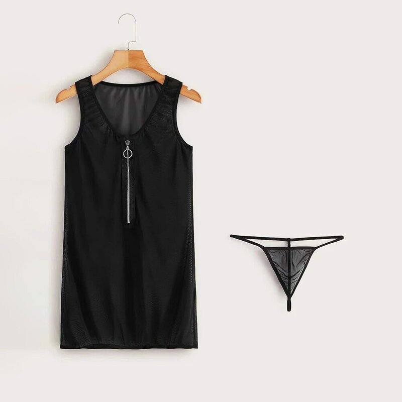 Women Sexy Mesh Nightdress Zip Up Bra Sleeveless Transparent Sleepwear See Through Perspective Short Dress Nightclub Beachwear