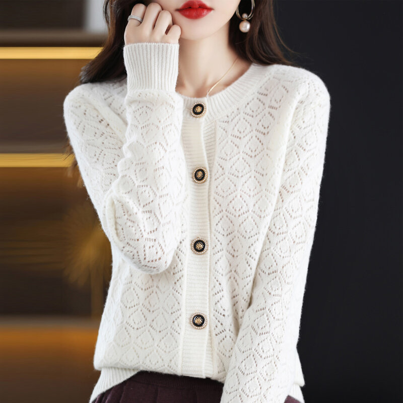 Suéter de lana pura para mujer, cárdigan hueco de cuello redondo, informal, abrigo, Top de estilo coreano, otoño e invierno, 100%