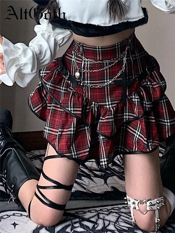 AltGoth Punk Gothic w czerwoną kratę spódnica kobiety w stylu Vintage Y2k e-girl Emo Alt wysokiej talii spódnica ciasto Harajuku Fairycore Grunge Clubwear