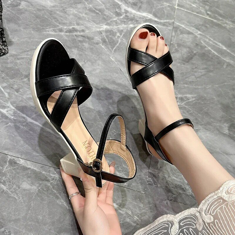 2024 Summer New Women's Shoes Retro National Wind Fish Mouth Roman One-line Buckle Sandals Thick Heel