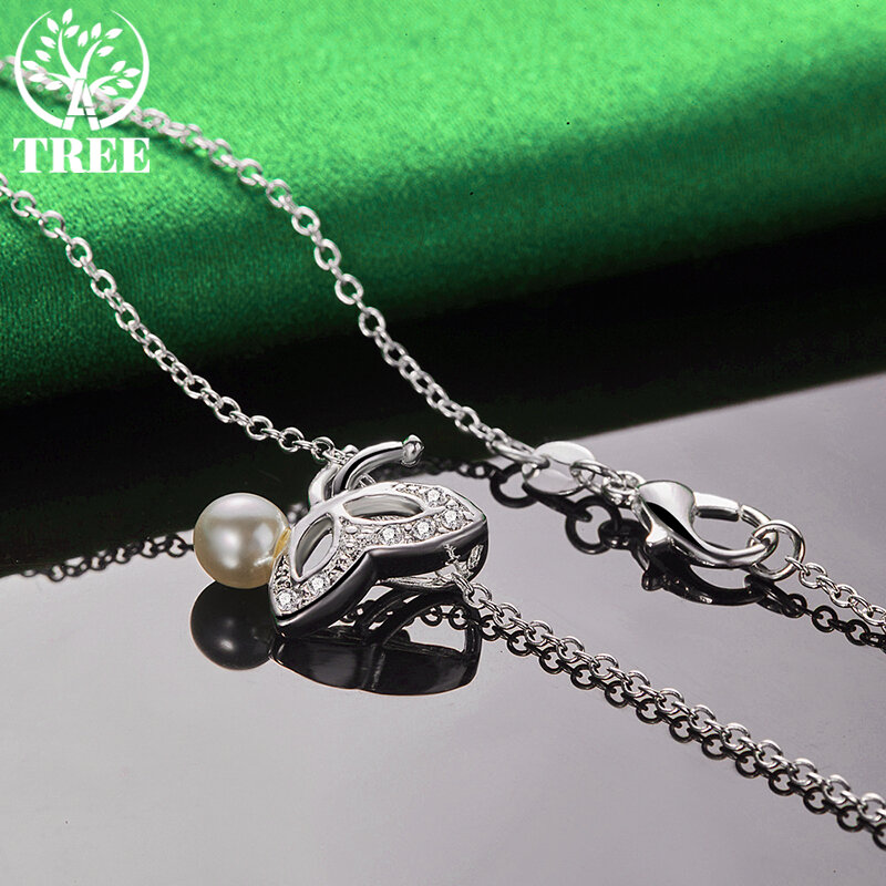 ALITREE-925 Sterling Silver Butterfly Zircon Crystal Pearl Pendant Necklace para Mulheres, Moda Colares, Presentes De Jóias De Casamento