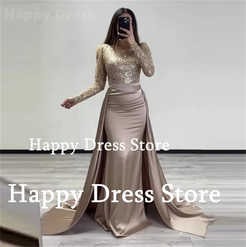 New Arab Luxury Evening Dress Beautiful O-Neck Long Sleeves Formal Dress Sparkly Sequin Satin Prom Dress Wedding Party Dress