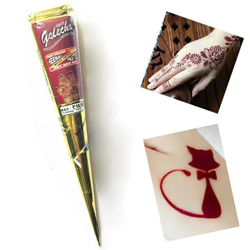Golecha 12 pçs 25g vermelho escuro mehndi henna cones indiano natural henna tatuagem colar tatuagens temporárias mão arte do corpo pintura pigmento