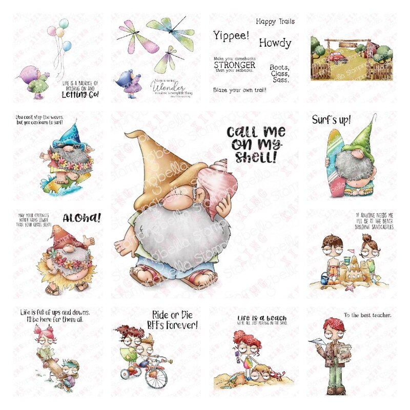 Girl Balloons Dragonflies Sentiment Cowboy Gnome with a Seashell Surfboard Hula Building a Castle Seesaw Boy Teacher Dies Stamps