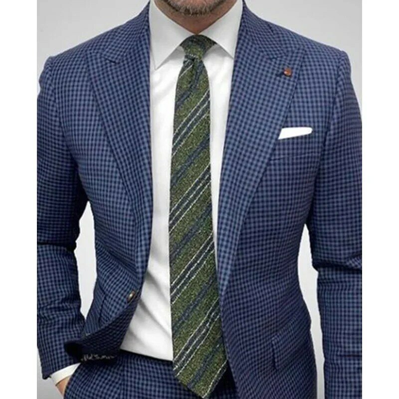 Jaqueta xadrez listrada de lapela masculina, manga comprida, encaixe fino, terno de casamento, roupa casual, botão duplo
