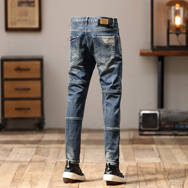 Jeans da moto Patchwork con cuciture da uomo Slim Fit leggero gamba dritta abbigliamento da uomo alla moda Pu Shuai Personality pants