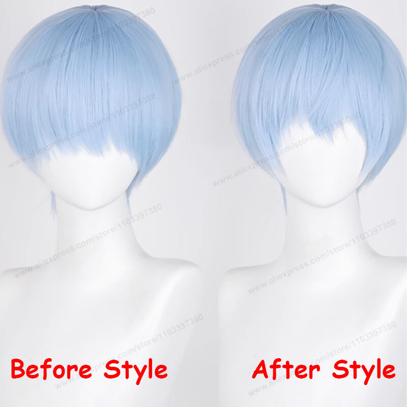 Himmel Wig Cosplay 30cm pendek biru muda rambut kulit kepala Anime tahan panas Wig sintetis + topi Wig