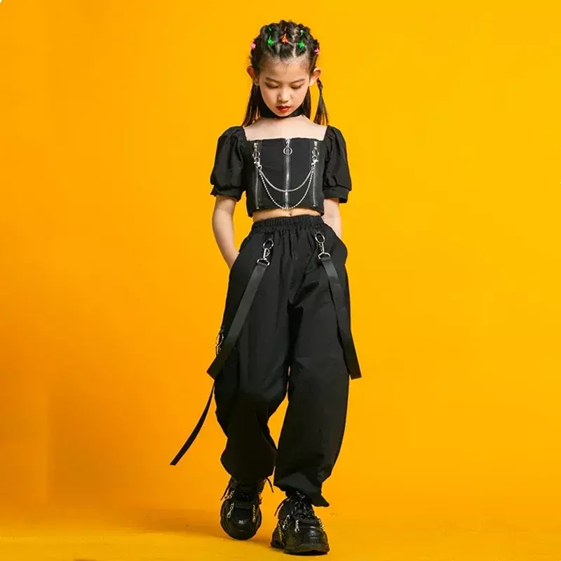 Kids Punk Hip Hop Clothing Square Neck Puff Sleeve Crop T Shirt Pleated Mesh Skirt Pant For Girls Jazz Dance Costume Set Clothes