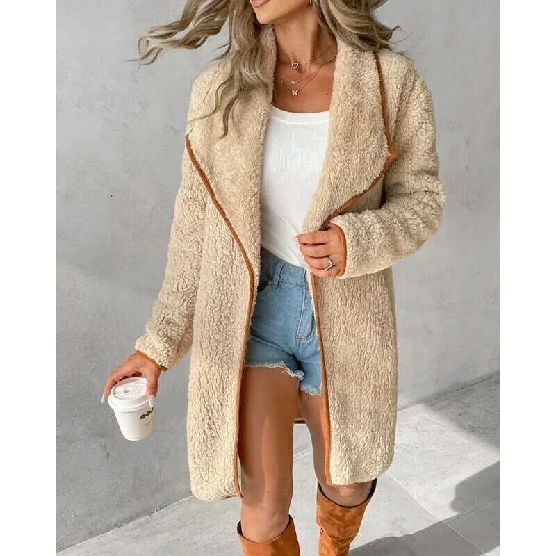 Пальто женское длинное с длинным рукавом, элегантный пиджак свободного покроя с воротником с лацканами, с завязками на карманах, верхняя одежда, осень-зима