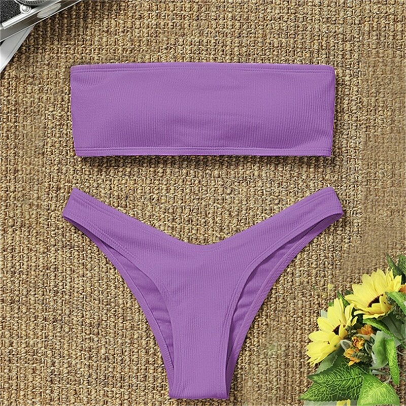 Bandeau Set Bikini pakaian renang wanita berusuk warna Solid Bikini tali baju renang Thong tanpa tali pakaian pantai pakaian mandi Biquini