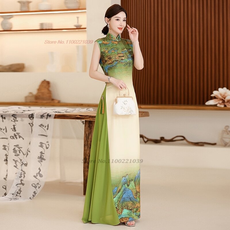 2024 orientale migliorato qipao cinese nazionale stampa floreale abito senza maniche cheongsam qipao elegante abito da sera vestido