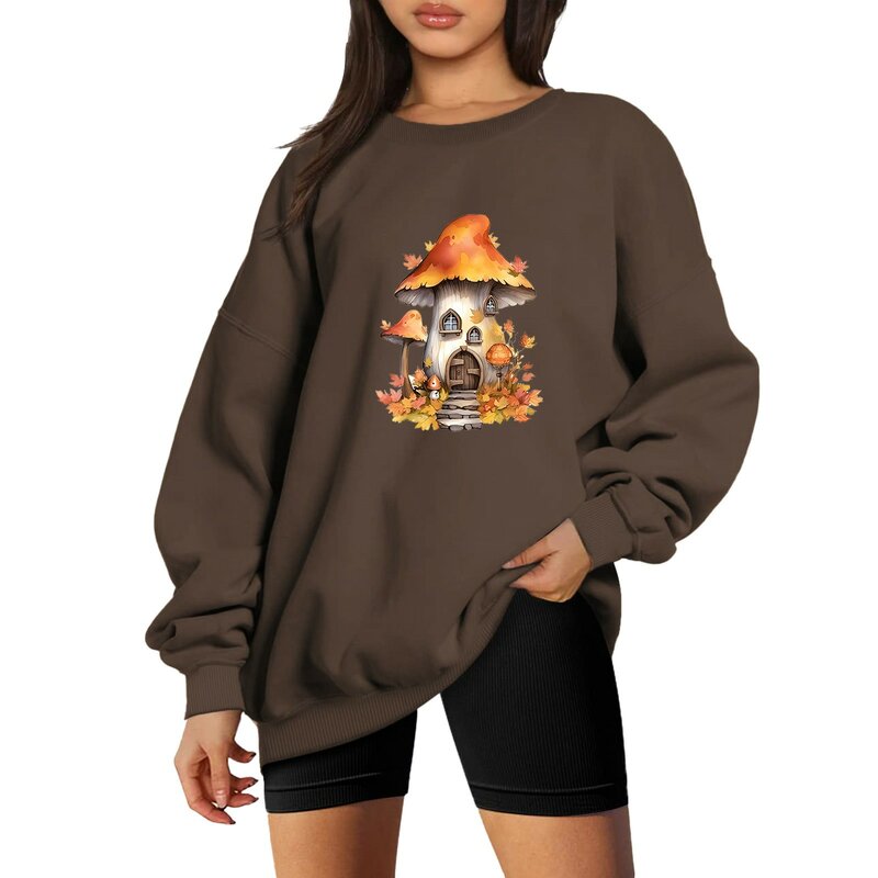 Pilz druck Frauen Sweatshirts Vintage übergroße Crewneck Tops Frau Drop-Shoulder Pullover Sweatshirts Tops Streetwear