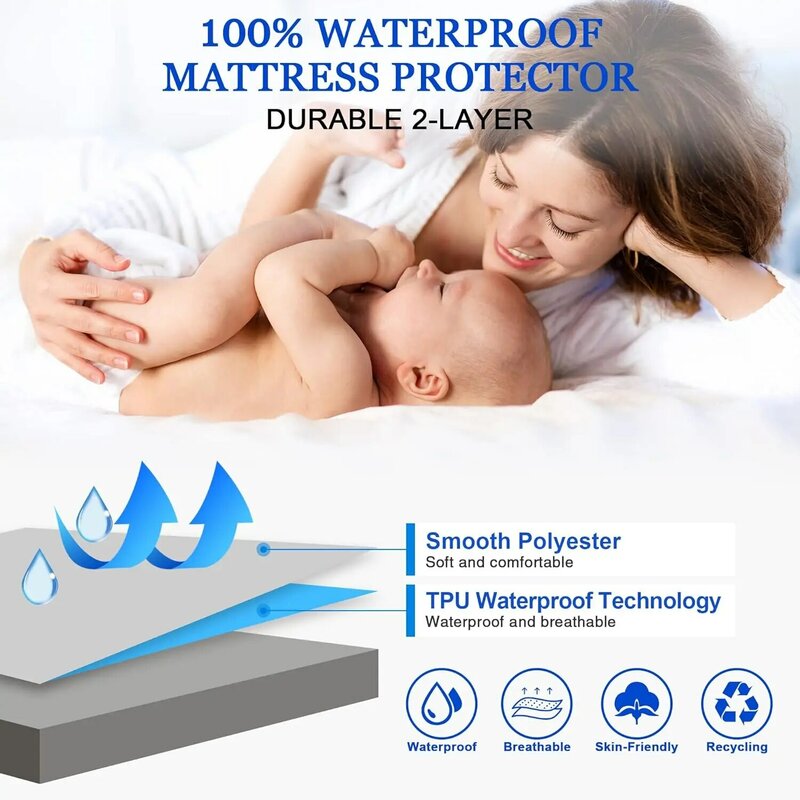 Safe Waterproof Mattress Protector, Soft Comfortable Breathable Solid Color Bedding Mattress Cover Fitted, Machine Washable