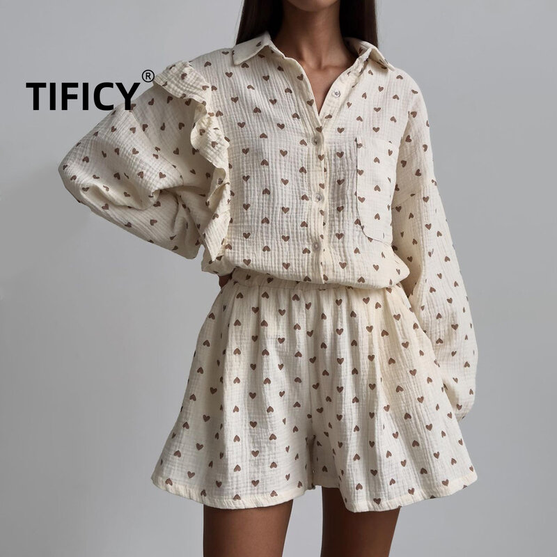 Shorts Set Heart-shaped Women's Printing and Patchwork Wooden Ear Edge Long Sleeved Shirt+shorts Set with Pure Cotton Set