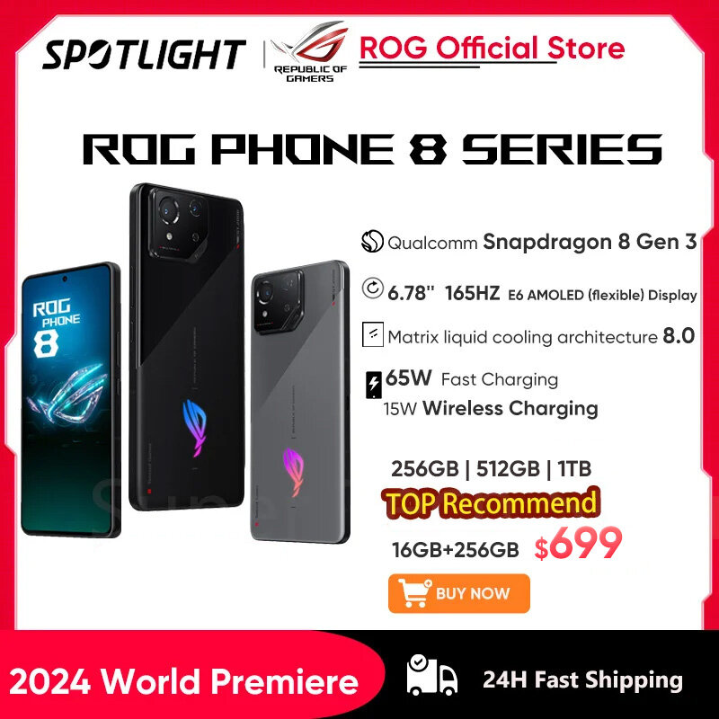2024เวิลด์พรีเมียร์ ASUS โทรศัพท์8 Snapdragon 8 Gen 3 5G สมาร์ทโฟน6.78 ''165Hz E-Sports Screen 65W ชาร์จ NFC ROG 8 Pro