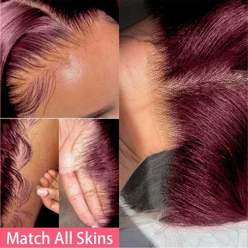 Perruque Lace Front Wig naturelle lisse, rouge bordeaux 99J, 13x6, 26 pouces, pre-plucked, densité 200%