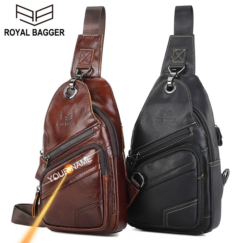 Royal Bagger Chest Bags for Men Real Genuine Cow Leather Fashion Crossbody Shoulder Sling Bag Outdoor Casual Retro Man Pack