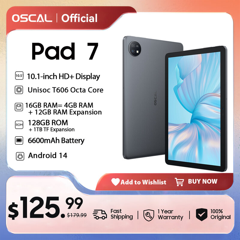 Tablette PC Oscal Pad 7, Android 14, 10.1, écran HD +, T606 Octa Core, 4 Go de RAM, 128 Go, batterie Dean 6600mAh, appareil photo 13MP, 4G, nouveau