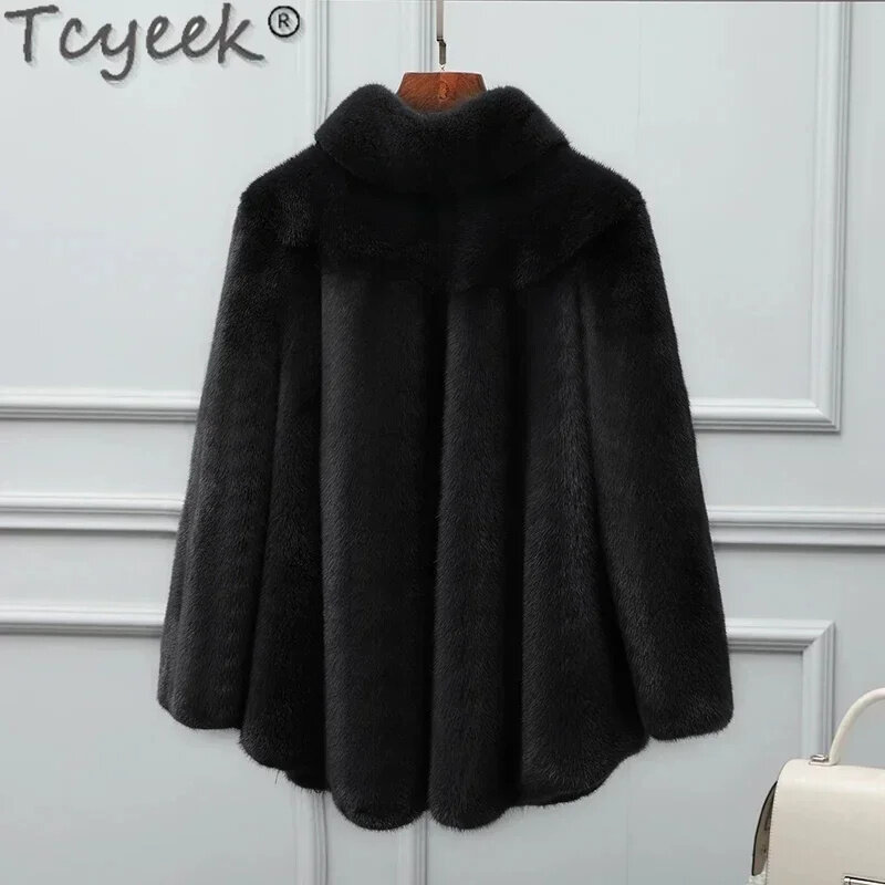 Tcyeek-abrigo corto de piel de visón Natural para mujer, chaqueta de cuello alto, ropa de invierno