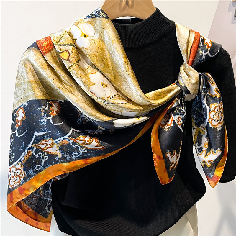 Syal Persegi Sutra Selendang Besar Wanita Mode Ikat Kepala Desainer 2023 Jilbab Bungkus Bandana Tabir Surya 110Cm * 110Cm Jilbab Foulard