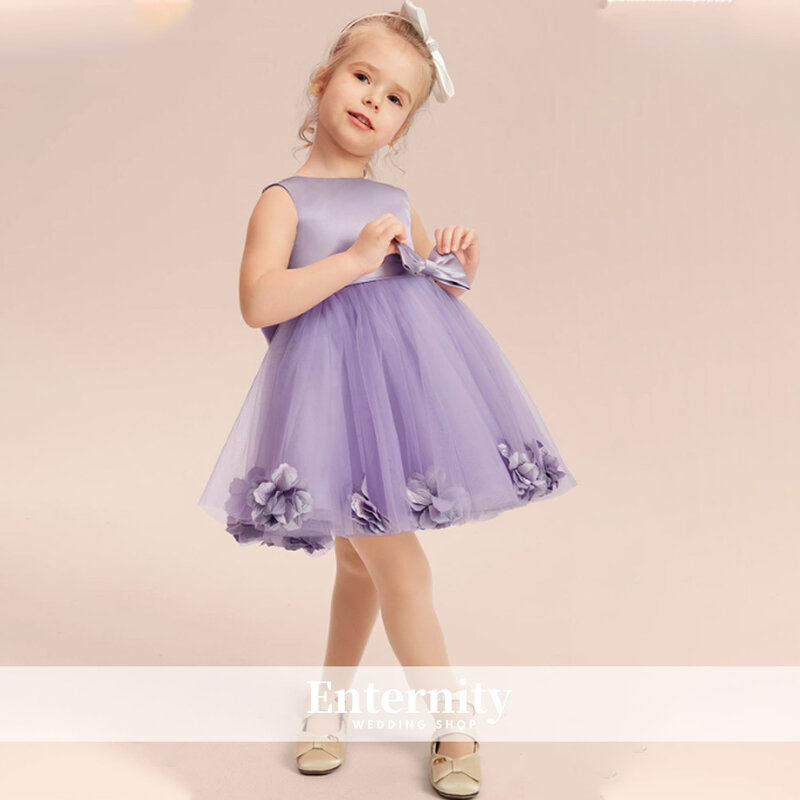蝶ネクタイ付きの小さな女の子のためのプリンセスドレス,3D花柄,膝丈,ノースリーブ
