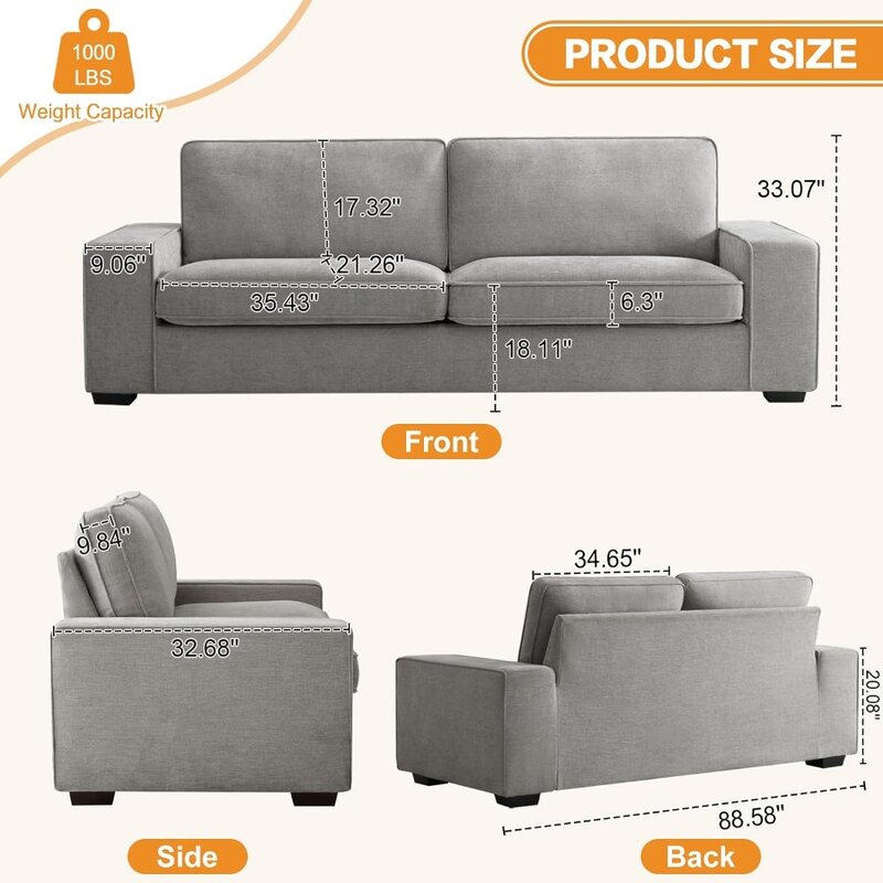 Divano divano, 88 "ciniglia divanetto comodi divani per soggiorno, divano moderno con sedile profondo con schienale rimovibile e cuscini del sedile