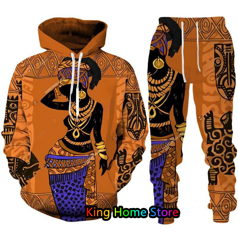 Set Hoodie Pria Wanita gaya etnis Afrika mode Sweatshirt bertudung kasual Pria Wanita Hoodie baju Jogging celana panjang Hoodie Pullover pria
