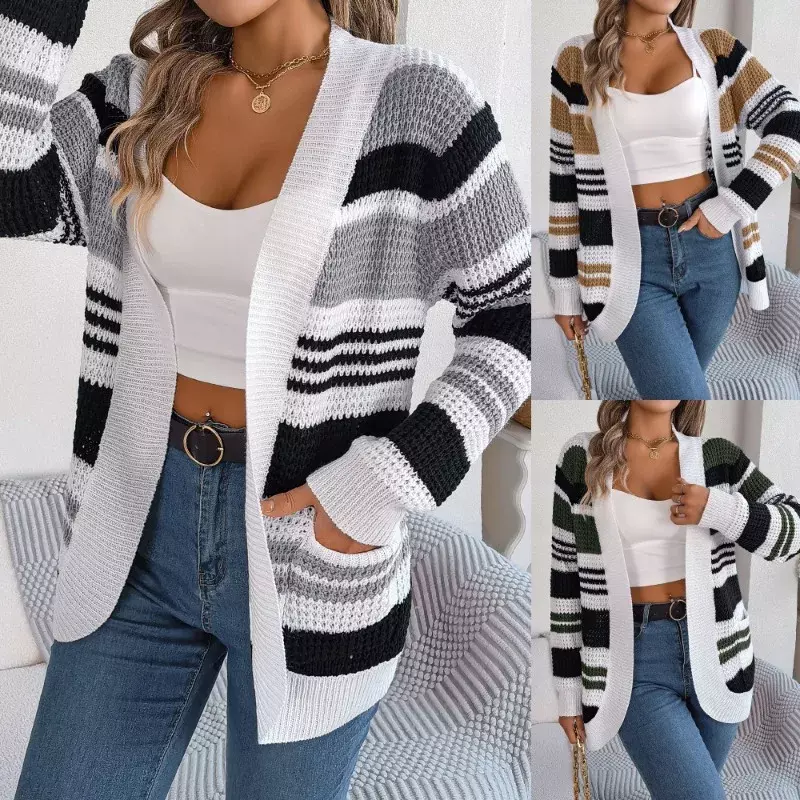 Sweater kardigan lengan panjang wanita, mantel longgar elegan bersaku garis kontras kasual mode musim gugur dan musim dingin 2023