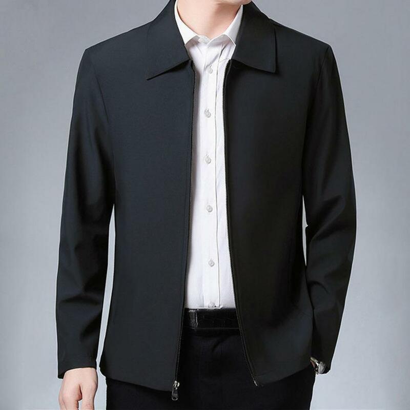 Мужская однотонная куртка на молнии с воротником с лацканами