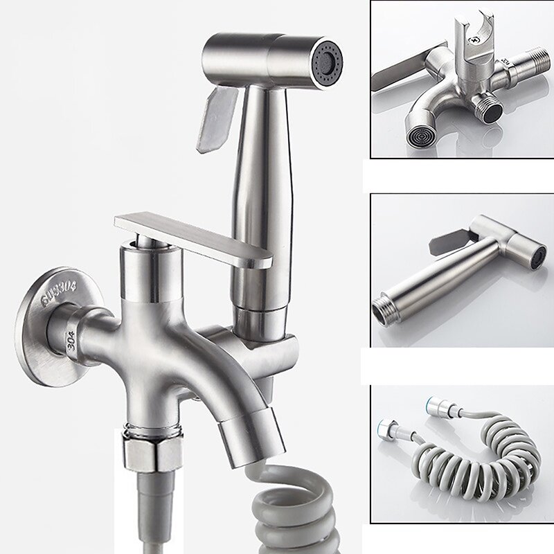 Bathroom 1 In 2 Out Two Ways Faucet Water Tap Toilet Sprayer Holder Design Universal G1/2 Interface For Bidet Cleaning