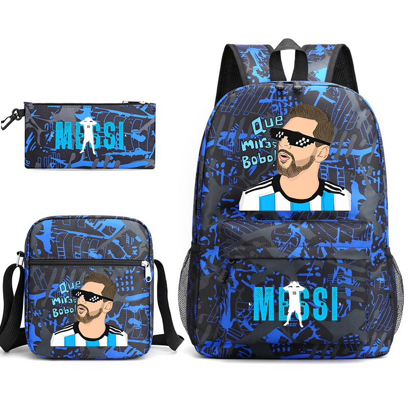 Messi-mochila escolar con estampado para estudiantes, conjunto de 3 piezas, bolso de lápiz, bolso de hombro, adecuado para niños y niñas