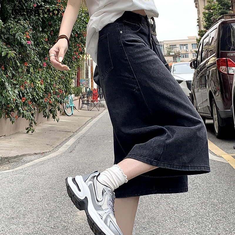 Celana pendek Denim pinggang tinggi wanita Vintage Amerika 2024 celana pendek kasual longgar hitam kaki lebar gaya jalanan Grunge